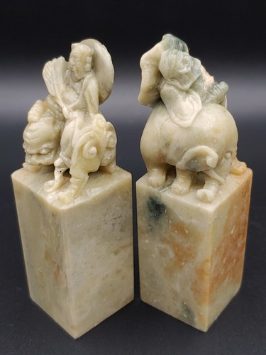青田石雕八仙铁拐李汉钟离骑瑞兽印章 Chinese Qingtian Stone Carved Baxian Riding Figurine Art Seals - Picture 12 of 24