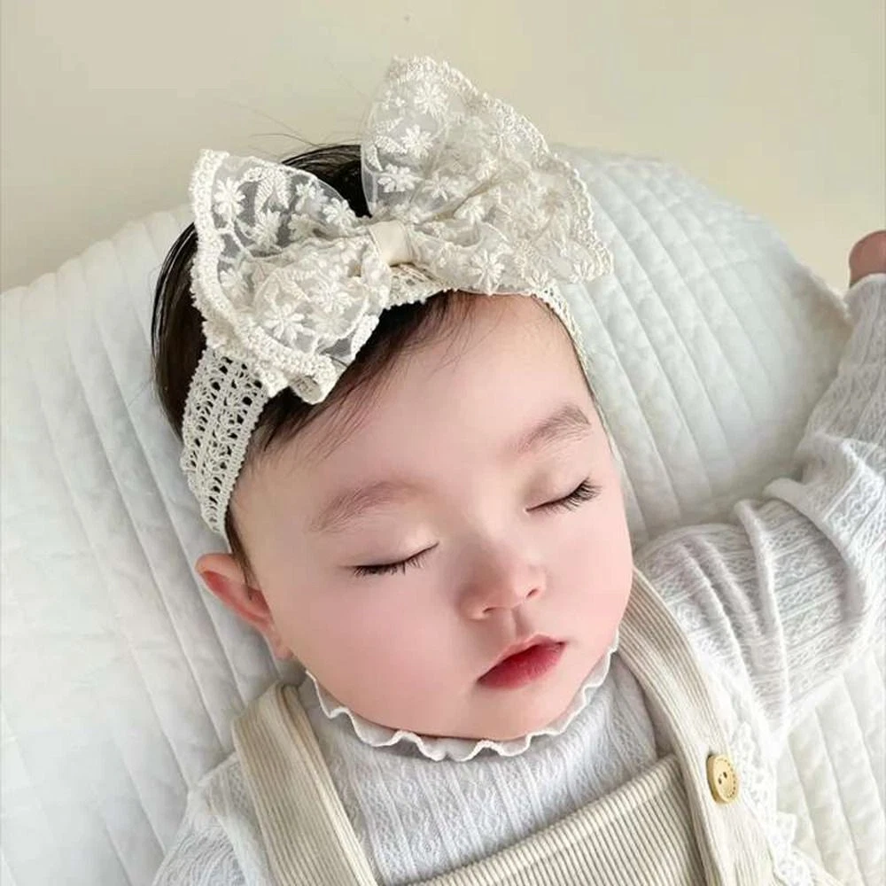 Lace Bow Baby Headband Baby Girl Pearl Hair Band Elastic Infant Turban Headwear