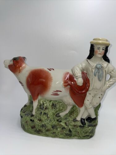 Staffordshire Figurine Reproduction Boy and Cow Creamer - Picture 1 of 7