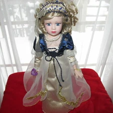 Brass Key Blonde Blue eye 16" Porcelain Girl Doll Gold Blue dress Wood Stand EC