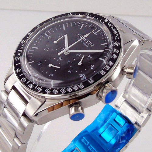 40mm Corgeut Quartz Men's Watch Black Dial Bezel Stop Watches Full Chronograph - Picture 5 of 6