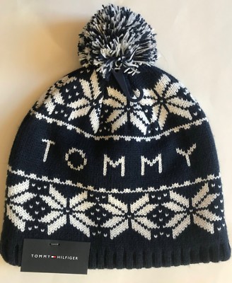 NWT Mens Tommy Hilfiger Logo Pom Pom Snowflake Beanie Ski 