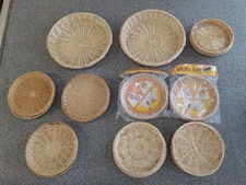 Vtg LOT Wicker Rattan Woven Paper Plate Holders Baskets Picnic 32-9.5in. 2-14in.