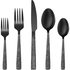 Black Hammered Silverware Set, 20-Piece Stainless Steel Square Flatware Set f...