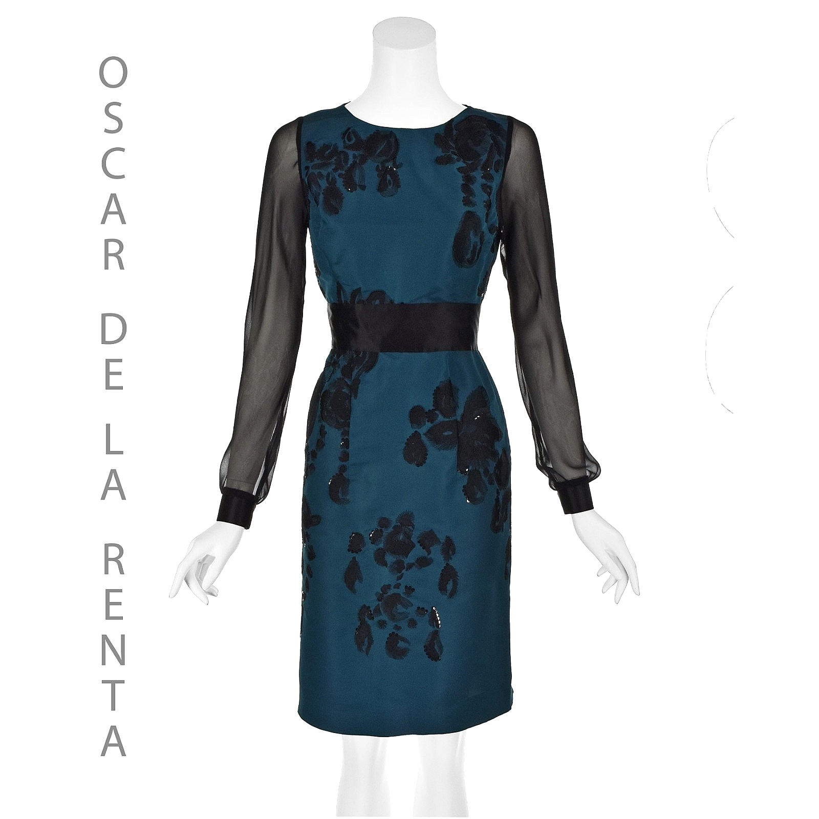 OSCAR DE LA RENTA Teal Silk Embroidered Dress w/Sheer Chiffon Sleeves F2012 SZ 8