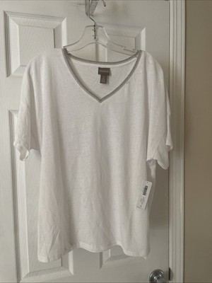 Chicos Womens Pretty NWT  white Top Size 3 Short Sleeve Pullover V-Neck Top