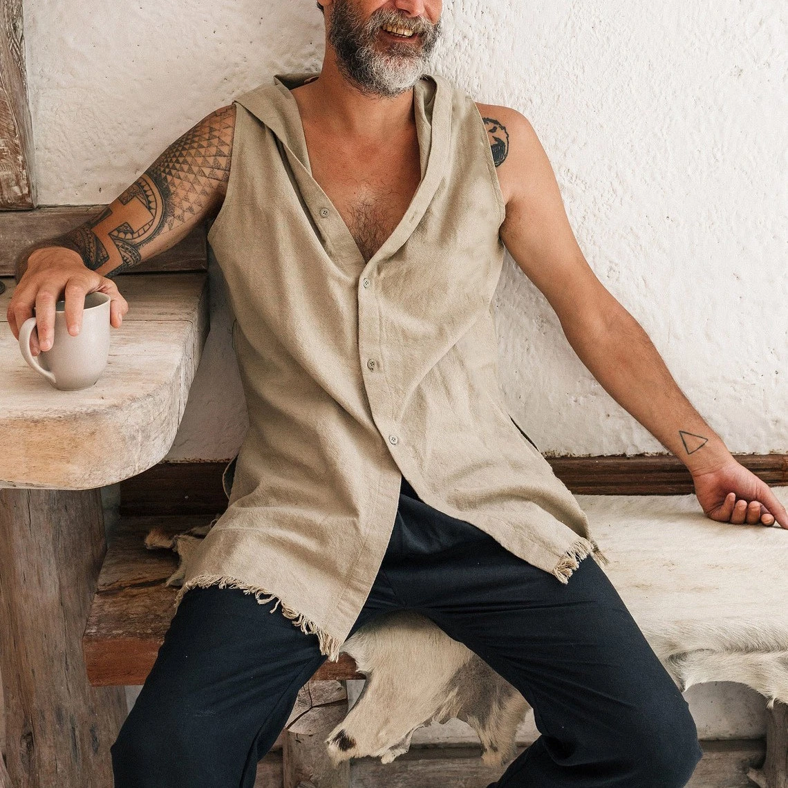 Summer Sleeveless Hooded Vest Men's Cotton Linen Casual Short Sleeved Shirt