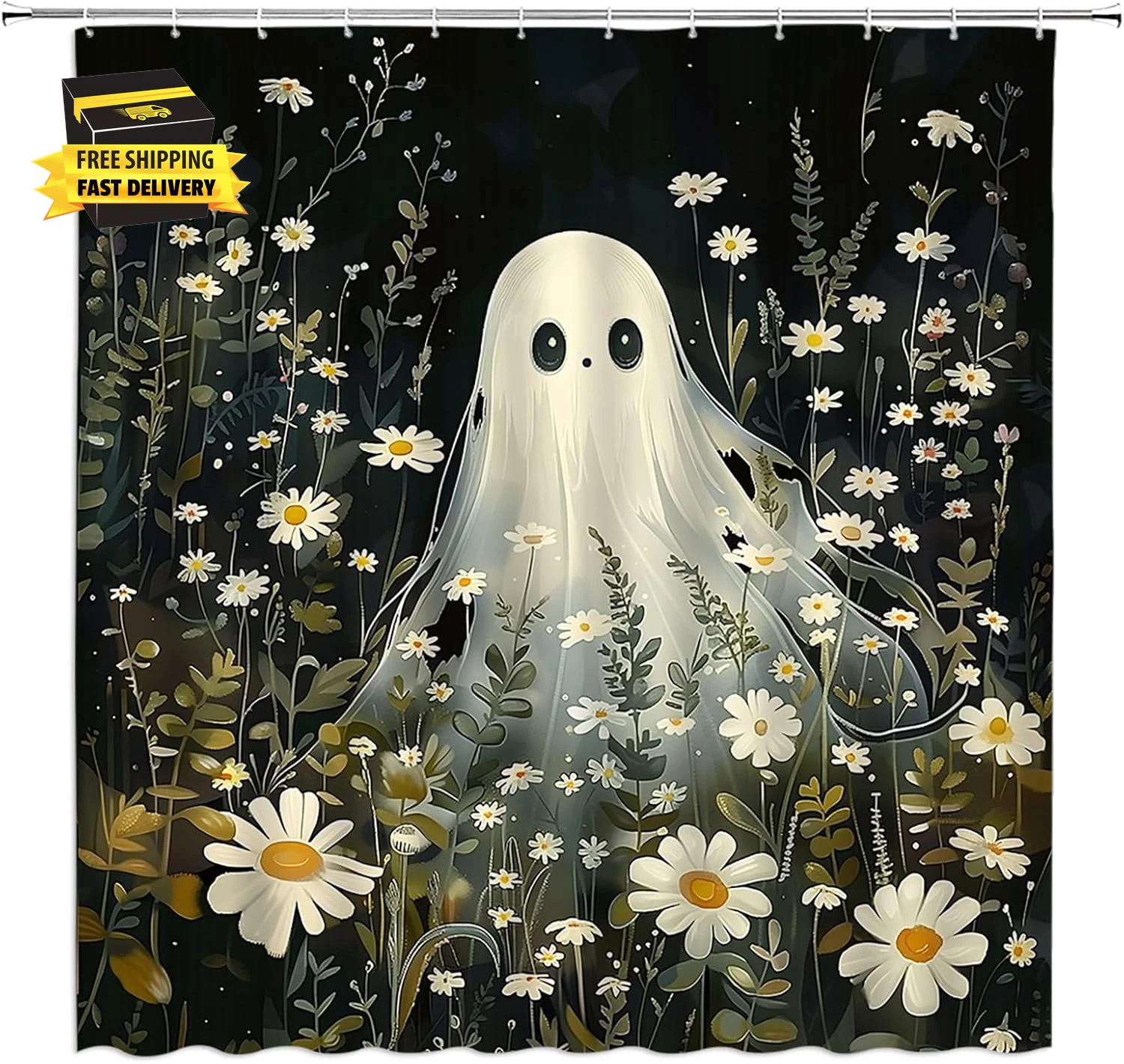 Halloween Ghost Shower Curtain Cute Ghost Spooky Retro Fabric Bathroom Curtain S