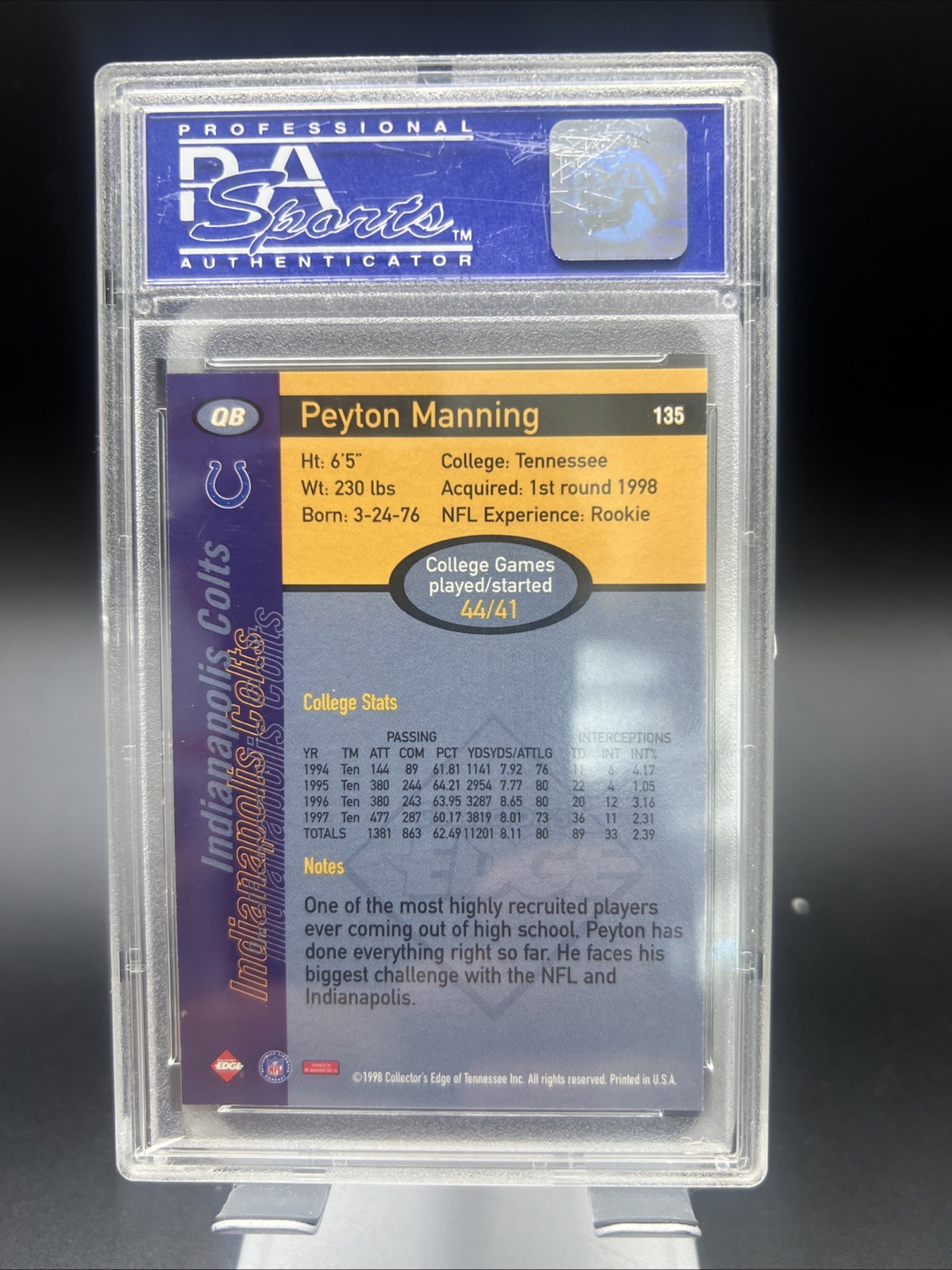 1998 Collector's Edge 1st Place - Peyton Manning #135 Base (RC) view 2