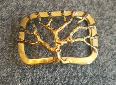 Vintage 1970s Brutalist Tree Of Life Brass Belt Buckle 