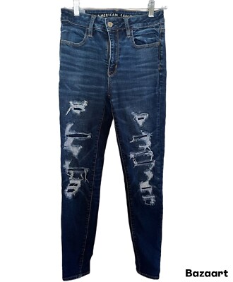 American Eagle Women s High Rise Jeggings Size 4 Blue Jeans Stretch Distressed