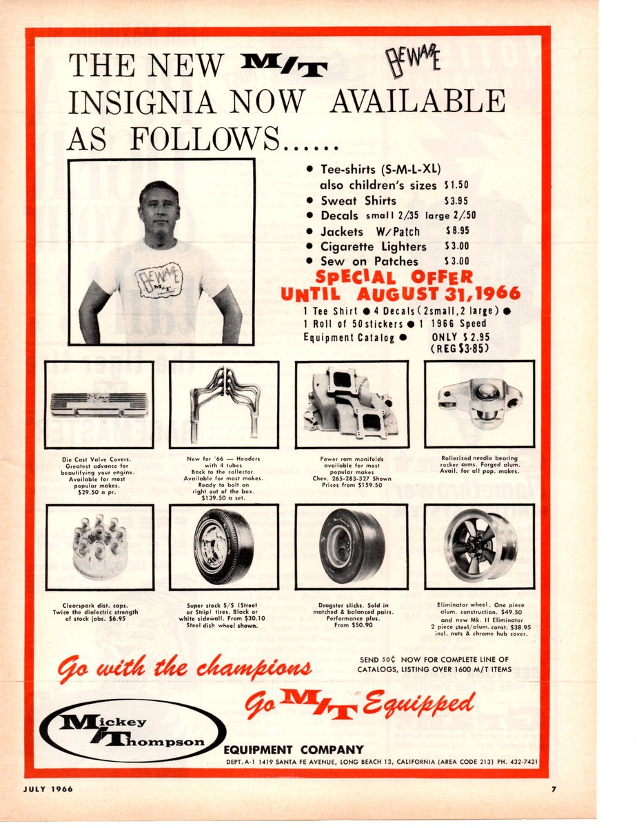 1966 MICKEY THOMPSON EQUIPMENT - TIRES / WHEELS / HEADERS ~ ORIGINAL PRINT  AD
