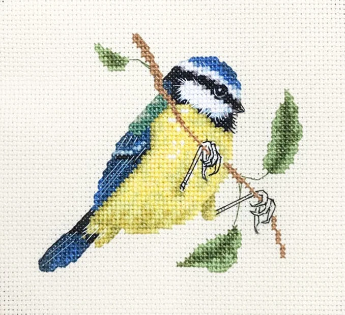 BLUE TIT Garden Bird Full counted cross stitch sewing kit ~ FIDO STITCH STUDIO