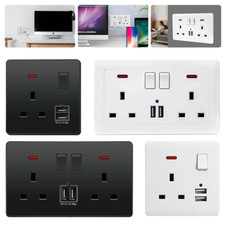 Double Gang Wall Socket 13A With 2 USB Charger Ports Plug Switched Socket 