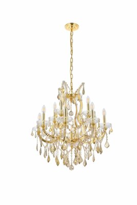 Chandelier 13 Light Fixture Gold with Golden Teak Crystal Foyer Dining Room 27''