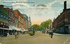 MAIN STREET FROM MERRIMAC, HAVERHILL, MASS. MA. STREETCAR. CHURCH. BUSINESS AREA