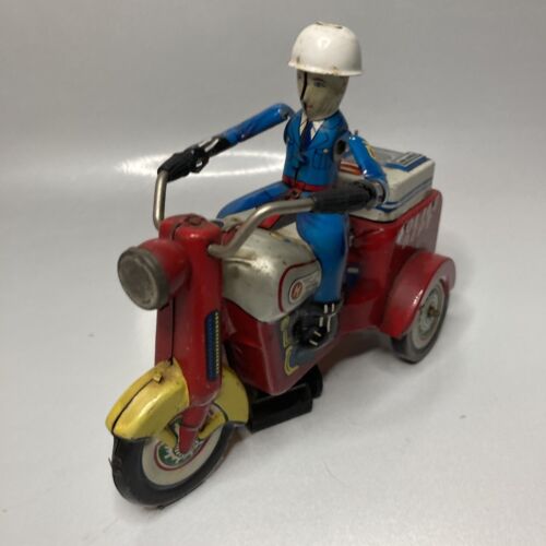 Vtg KO Japan Police Dept Tin Litho Motorcycle Tricycle Wind Up Friction Working - Picture 1 of 7