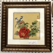 Original CHINESE Painting On LINEN * BIRDS AND RED FLOWERING TREE With Chop Mark