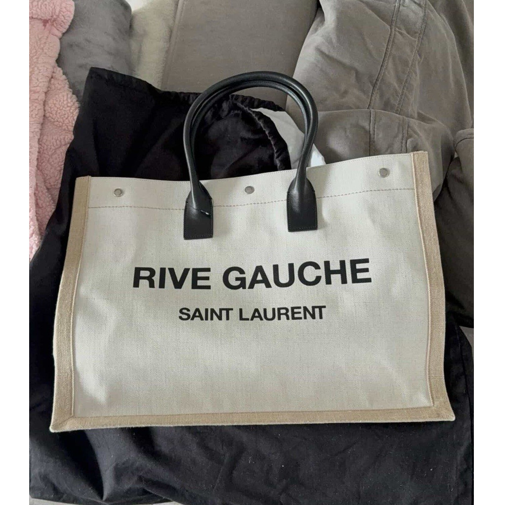 Saint Laurent Rive Gauche Tote Bag Beige Black Logo Accent Top 