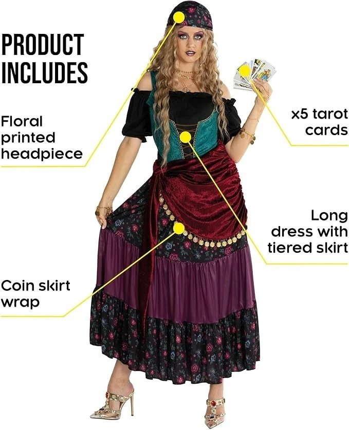 Women`s Gypsy Fortune Teller Costume Adult Mystic Tarot Reader Dress Cards S-2XL - Image 2 of 4
