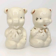 Vintage Pig Salt & Pepper Shakers – Ceramic Cream Glaze with Bows – 1940s 1950s 