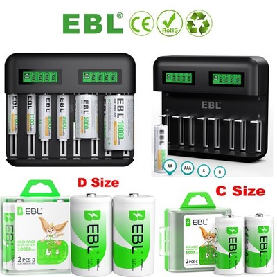 Lot EBL AA AAA C D Cell Rechargeable Batteries NI-MH 1.2V Battery / LCD Charger
