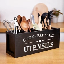 Utensil holder for Kitchen Counter Large Round Utensils Holder with Wooden Base 