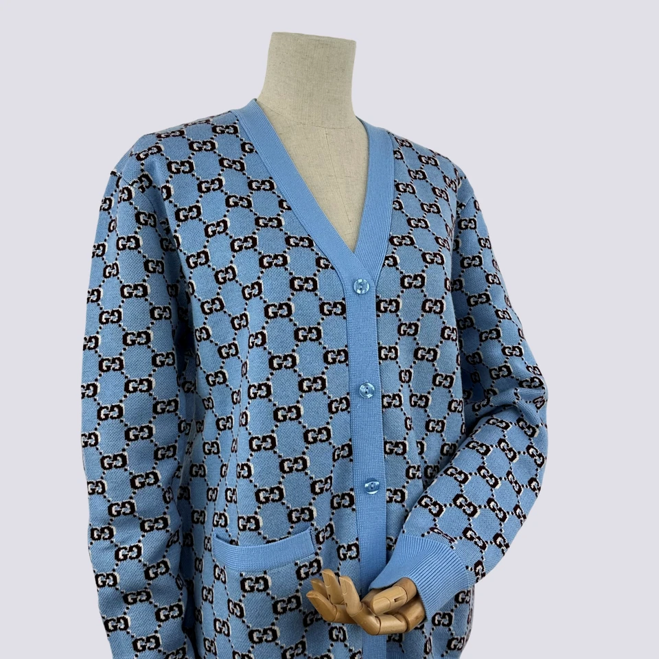 Gucci GG Shadow Monogram Cárdigan de lana Jacquard Suéter azul Talla M Foto 4 de 4