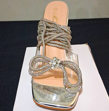 Albata Women s Silver Rhinestone Bow Strappy Stiletto Square Toe Heel 10