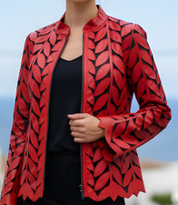 Sheer for Women Jacket Outfit Top Blouse Shirt Leather Handmade Leaf Pattern