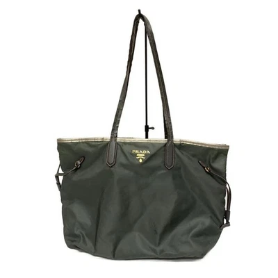 Grand sac fourre-tout PRADA kaki nylon bretelles logo doré 43 x 29 cm authent... - Photo 1/4