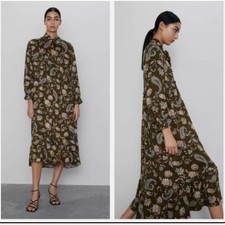 Zara Women Floral Paisley Tie Neck Midi Dress Long Sleeve Boho Large NWOT
