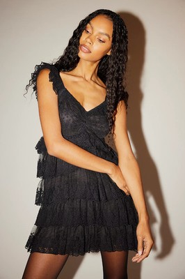 LoveShackFancy Federica Dress S 4 Party Embroidered Ruffle Black Short NEW 46054