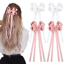 4 PCS Hair Bows Ribbon for Women Hair Clip White Pink Satin Bow Z4P-White,Pink
