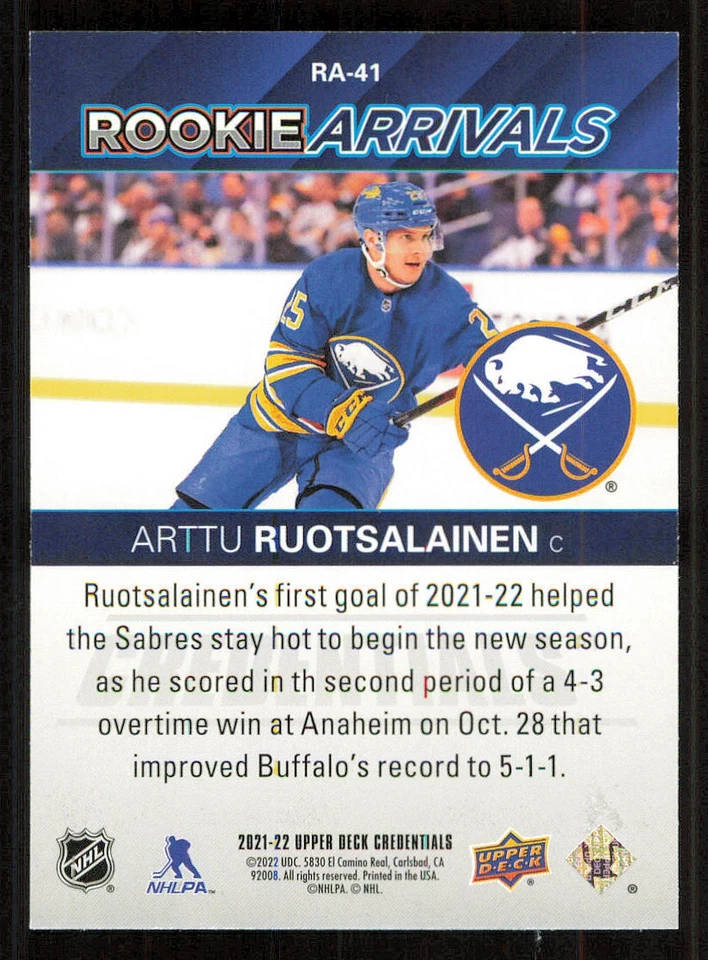 2021-22 Upper Deck Credentials Rookie Arrivals #RA41 Arttu Ruotsalainen - Image 2 of 2