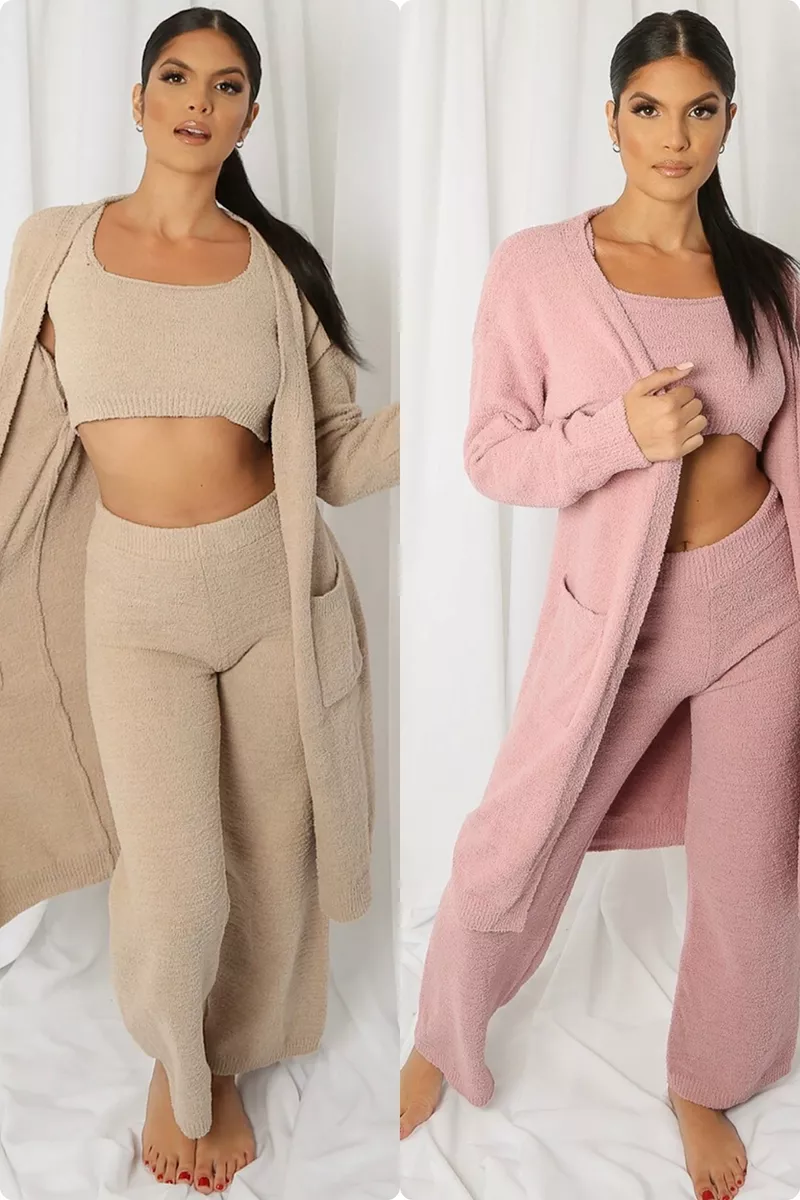 Womens 3 Piece Loungewear Set Knitted Cardigan Cami Top Trouser