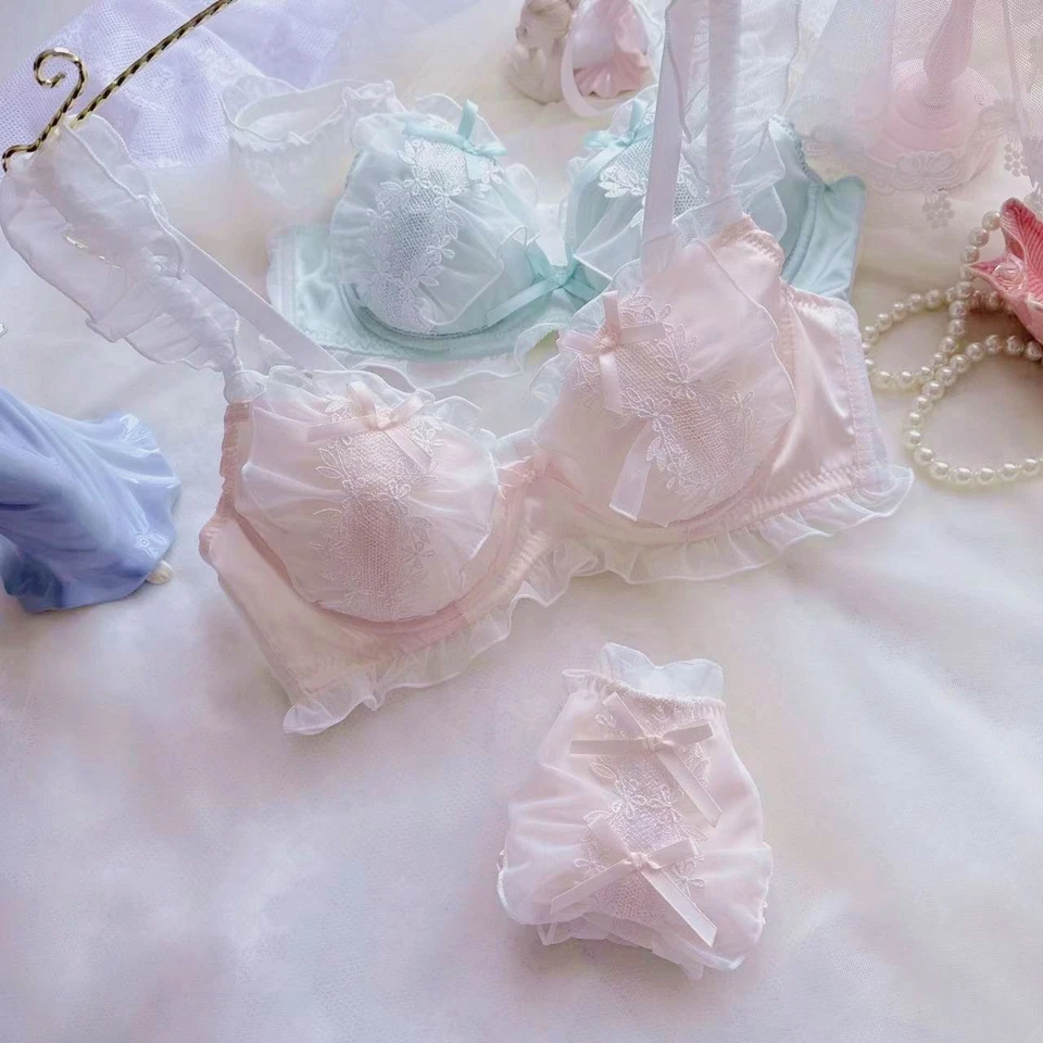 32 34 36 38 40 B C D E 3/4 Thin Cup Pink Bra Set Ruffle Panties Green Underwear - Image 3 of 4