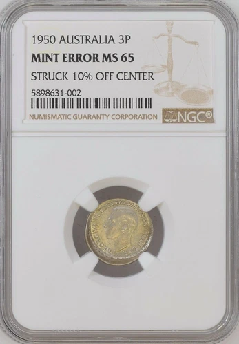 AUSTRALIA , MINT ERROR  GEORGE VI 3 PENCE 1950 MIS-STRUCK  NGC MS 65 (SL) , RARE