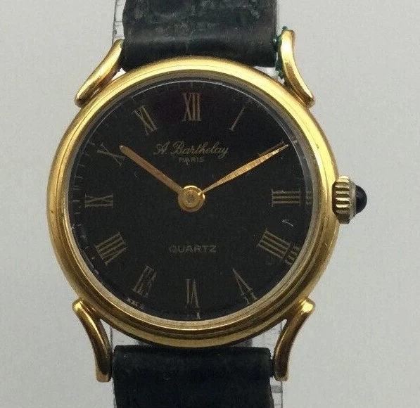 Alexis Barthelay Watch Women Gold Tone Round Black Dial Leather New Battery