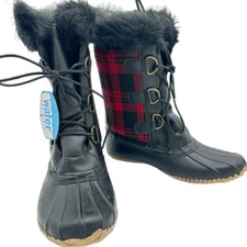 Report Footwear Women's NWOB SZ 8 Black & Red Plaid Mid Calf Boots Faux Fur
