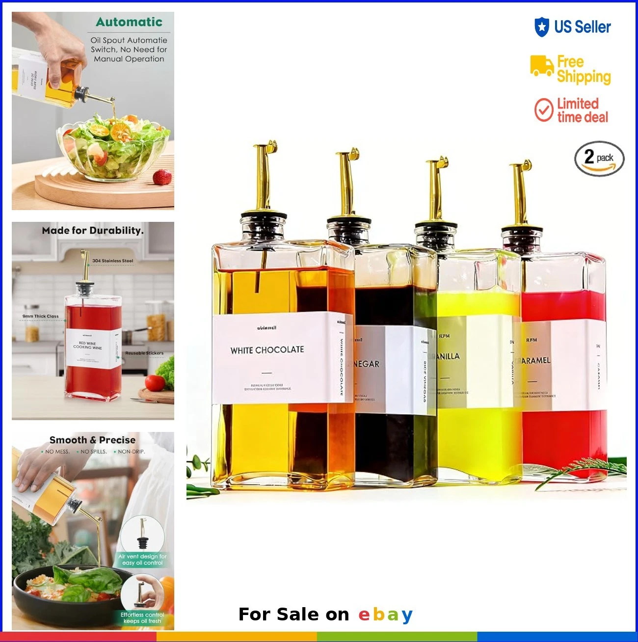 Glass Oil Dispenser Set 500ML Vinegar Soy Sauce Bottles Stainless Pourers