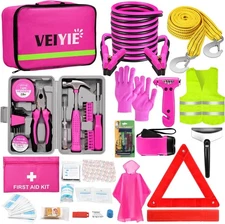 Pink Roadside Emergency Car Kit Jumper Cables First Aid Tow Strap Tool Set Women
