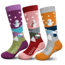  Merino Wool Ski Socks Kids, Knee-high Warm Medium Purple Red Orange (3 Pairs)