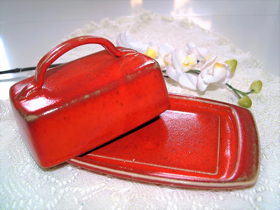 Butterdose getöpfert rote Keramik Butterglocke Handarbeit Töpferei Geschenk - Bild 3 von 4