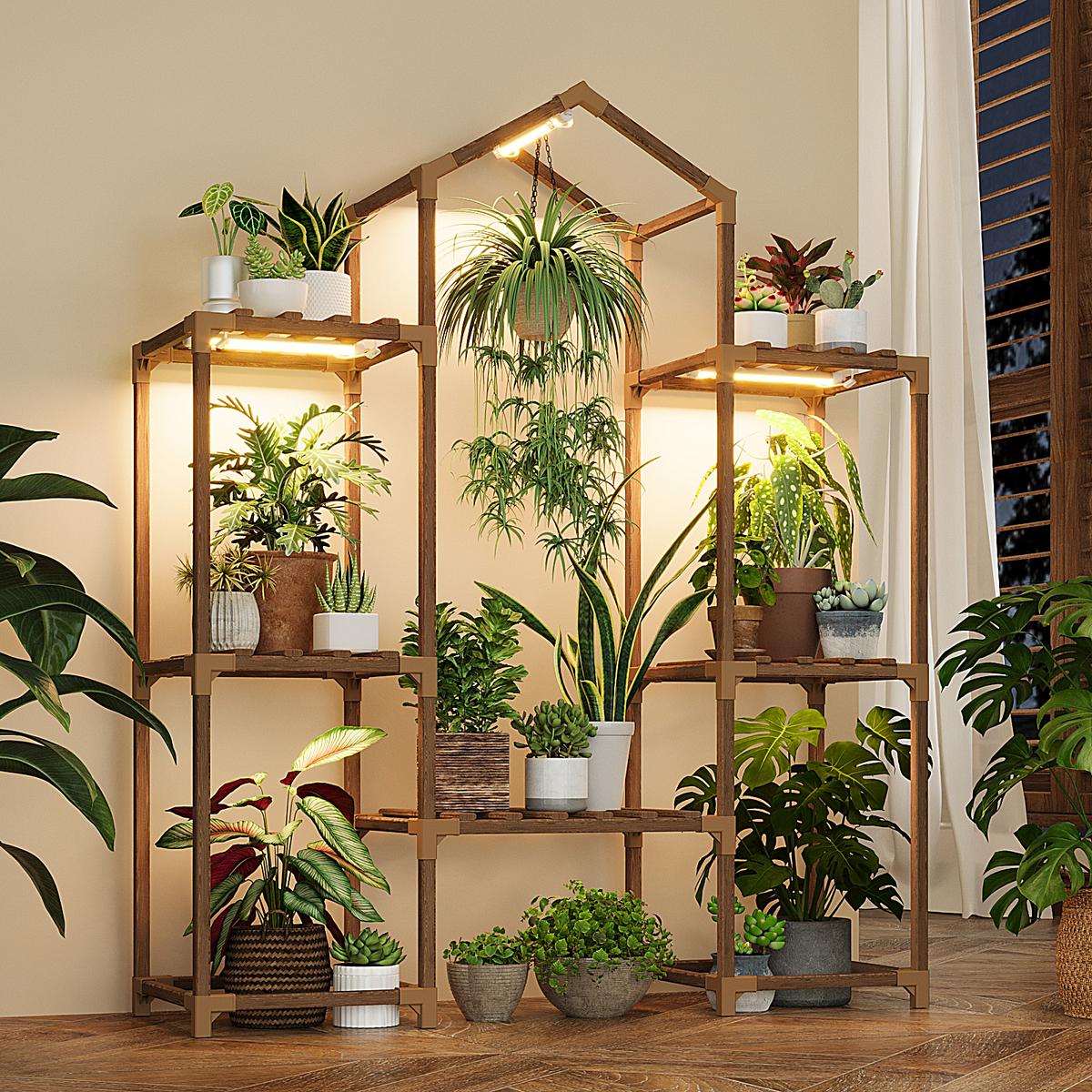 Bamworld Plant Stand Indoor with Grow Lights Wood Plant Shelf for