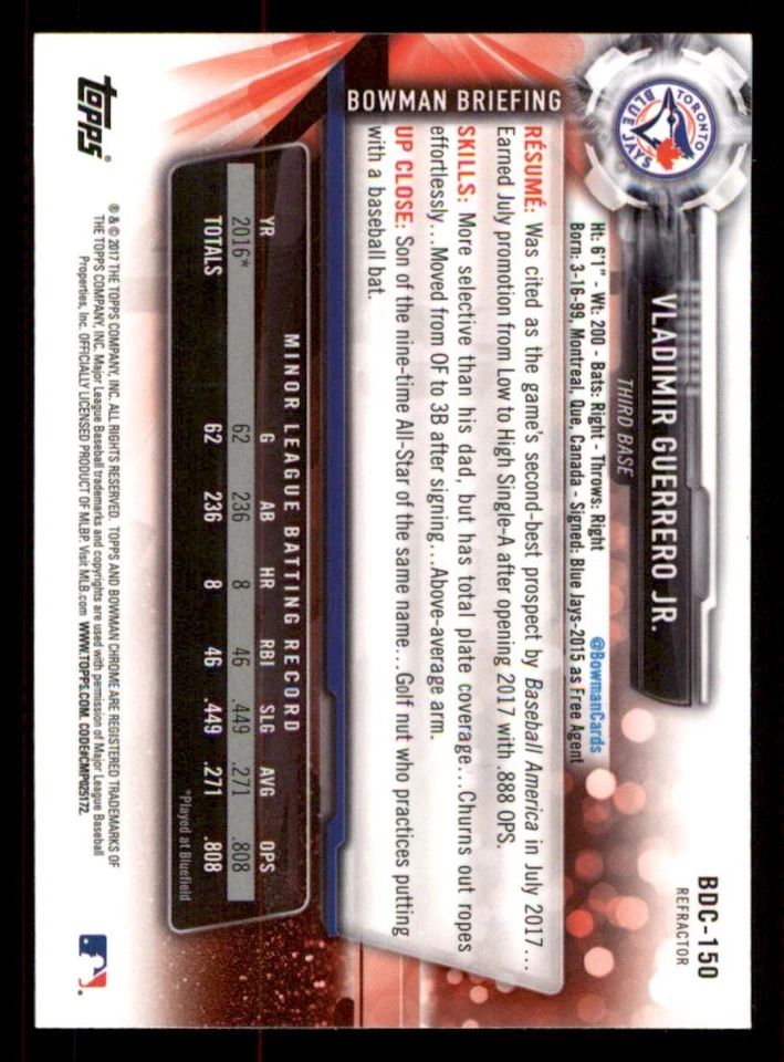 2017 Bowman Chrome Draft Refractors #BDC150 Vladimir Guerrero Jr. - Image 2 of 2