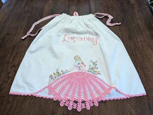 19.5" LAUNDRY BAG hm w/VTG Pillowcase Hand Emb w/"BELLE" w/long crochet skirt