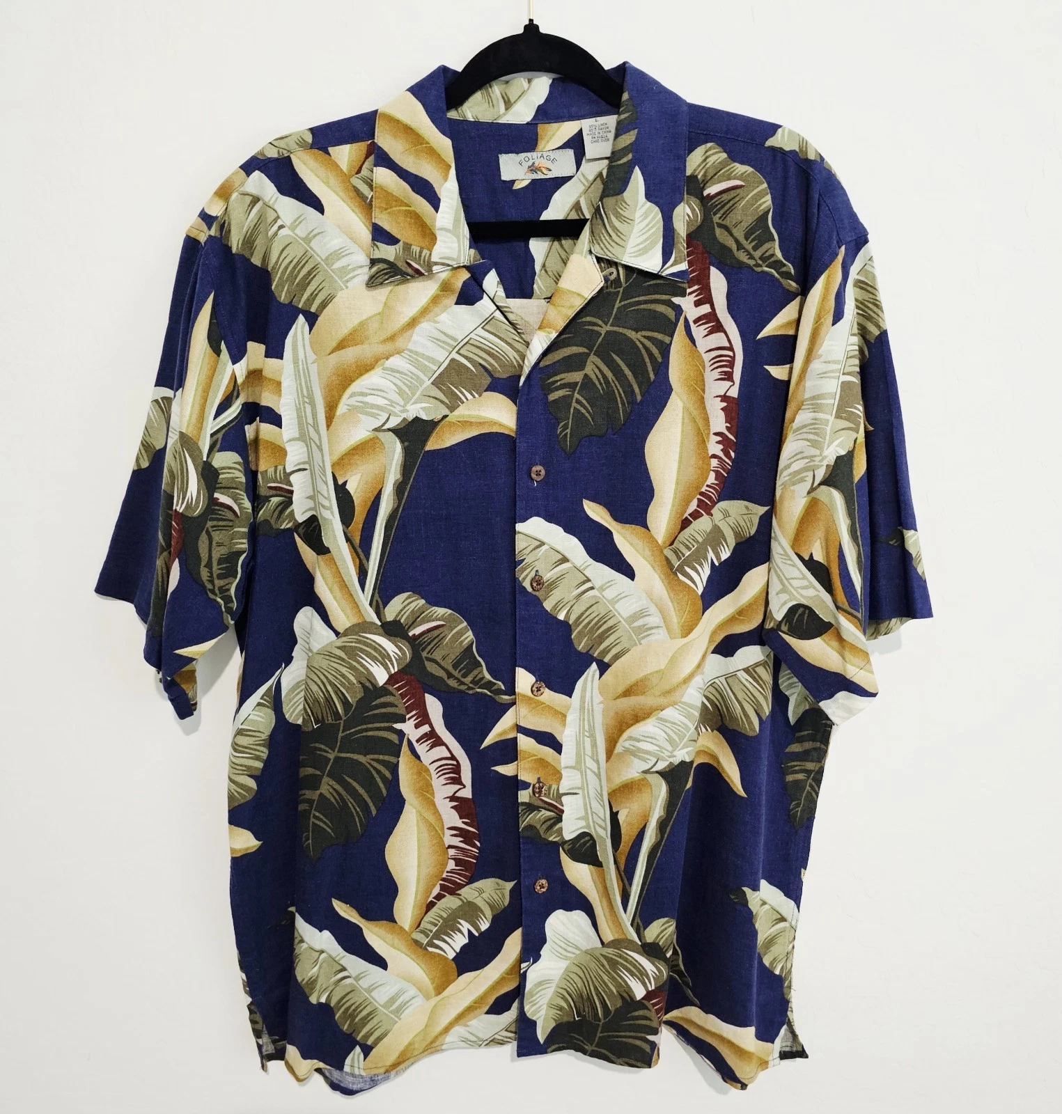 Vintage Hawaiian Shirt Mens L Blue Floral Linen Blend Loop Collar Button Up