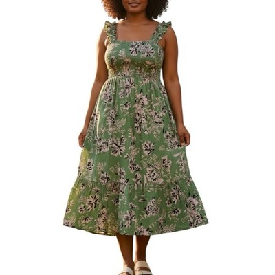 Torrid Floral Smocked Midi Dress 1X Green Pink Tiered Sundress Boho Cottagecore