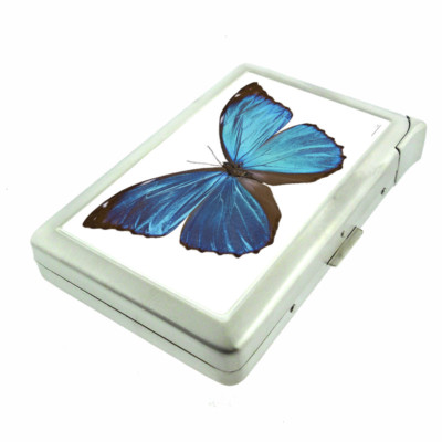 Blue Butterfly Em2 Cigarette Case with Built in Lighter Metal Wallet